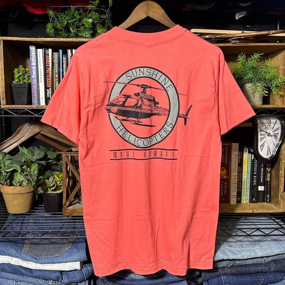 Vintage 80s Single Stitch Hawaii Helicopters Tee Mens Medium Pink Black Shirt